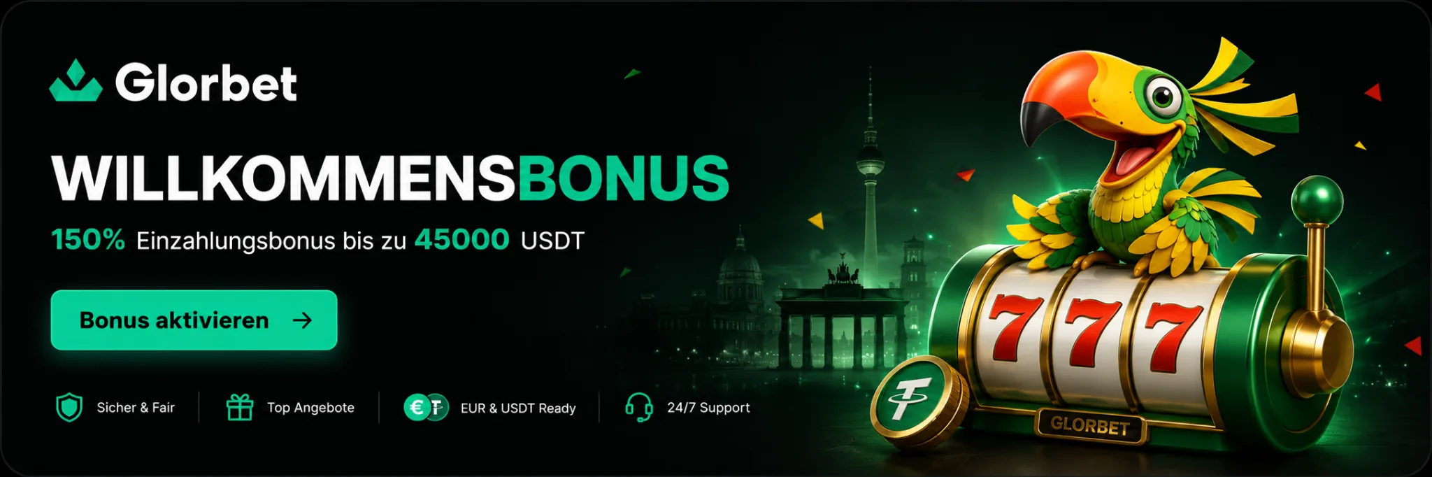 Glorbet Willkommensbonus Banner Deutschland mit 150 Prozent Bonus
